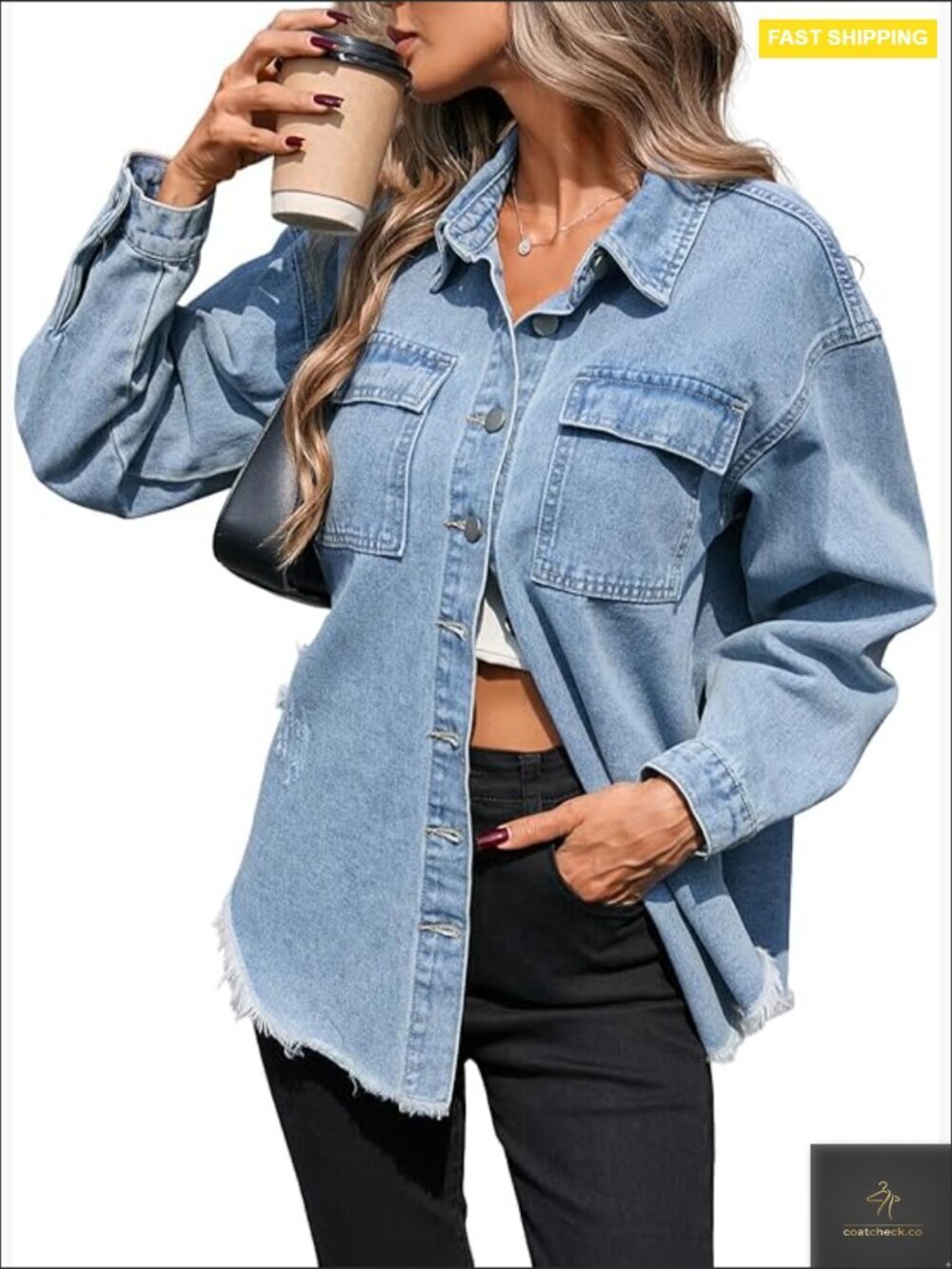 Oversized Denim Jacket Distressed Frayed Hem Button Down Shacket Loose Fit
